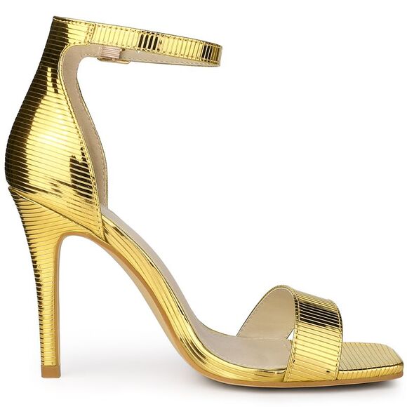 Women's Square Open Toe Metallic Buckle Ankle Strap Stiletto Heel Sandals Gold - Picture 5 of 5